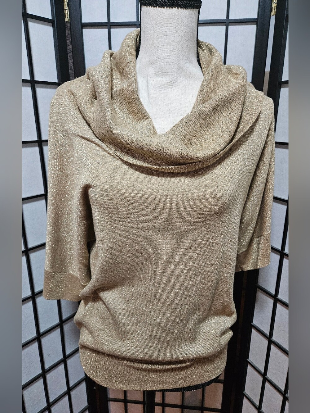 Women's Michael Kors MediumMetallic Gold Short Sleeve Cowl Neck Sweater